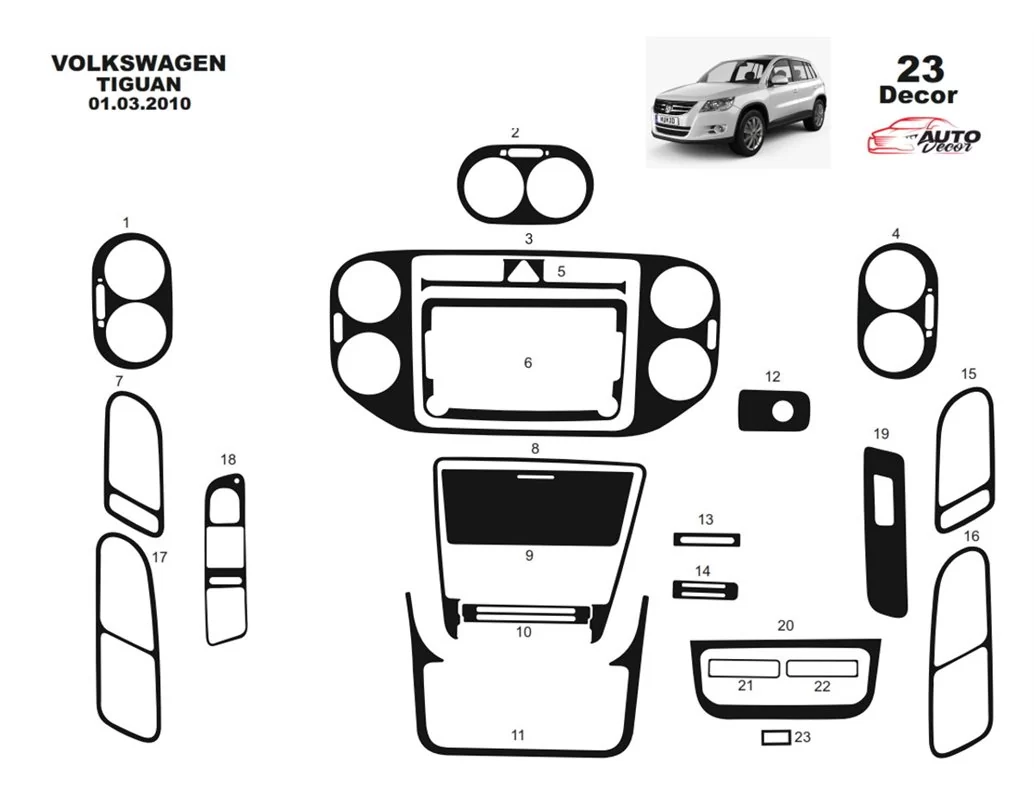 Volkswagen Tiguan 09.2011 Kit de garniture de tableau de bord intérieur 3D Dash Trim Dekor 23-Parts - 1
