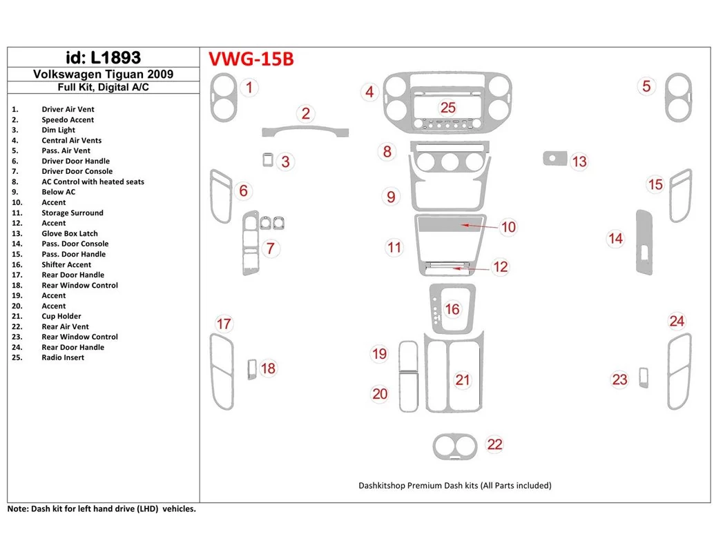 Volkswagen Tiguan 2009-2009 Ensemble complet, kit de garniture de tableau de bord BD intérieur AC automatique - 1