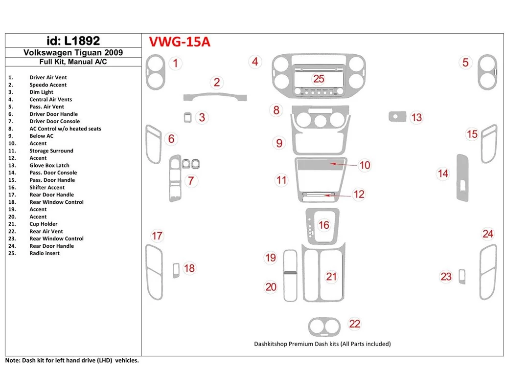 Volkswagen Tiguan 2009-2009 Volledige set, handgeschakelde versnellingsbak AC Interieur BD Dash Trim Kit - 1