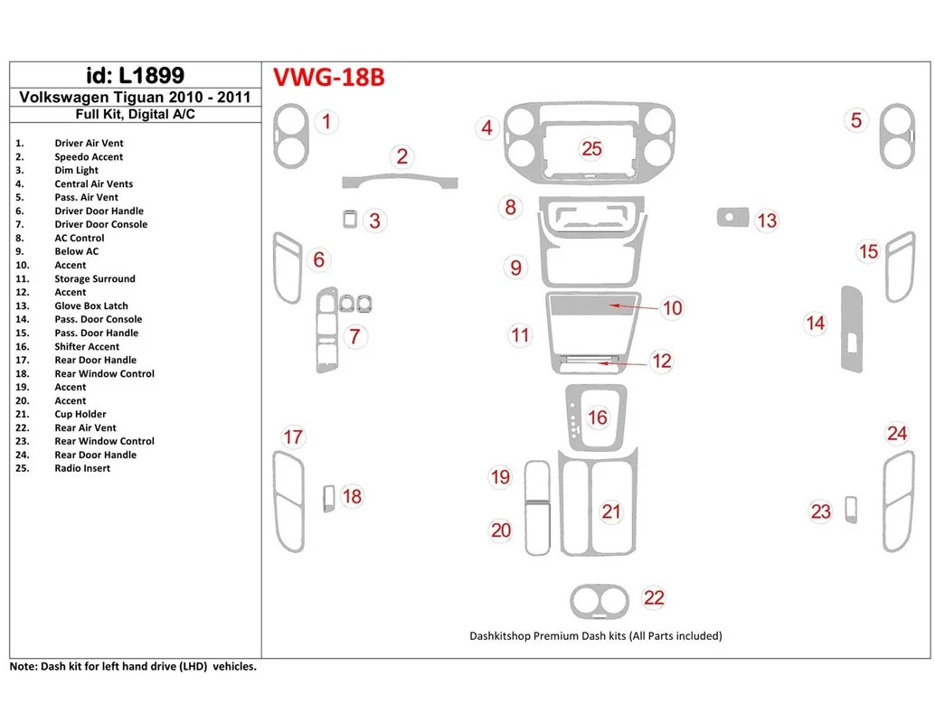 Volkswagen Tiguan 2010-UP Volledige set, automatische AC-bediening Interieur BD Dash Trim Kit - 1
