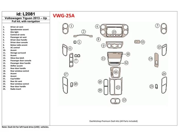Volkswagen Tiguan 2013-UP Volledige set, met NAVI Interieur BD Dash Trim Kit - 1