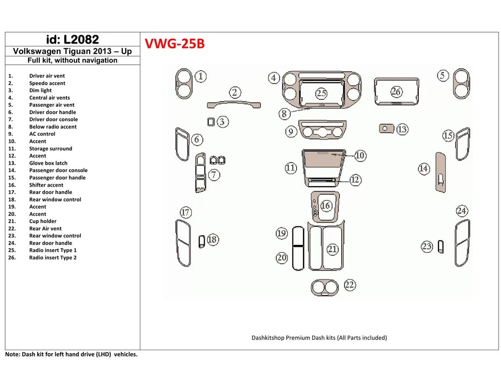 Volkswagen Tiguan 2013-UP volledige set, zonder NAVI interieur BD dashboardafwerkingsset - 1