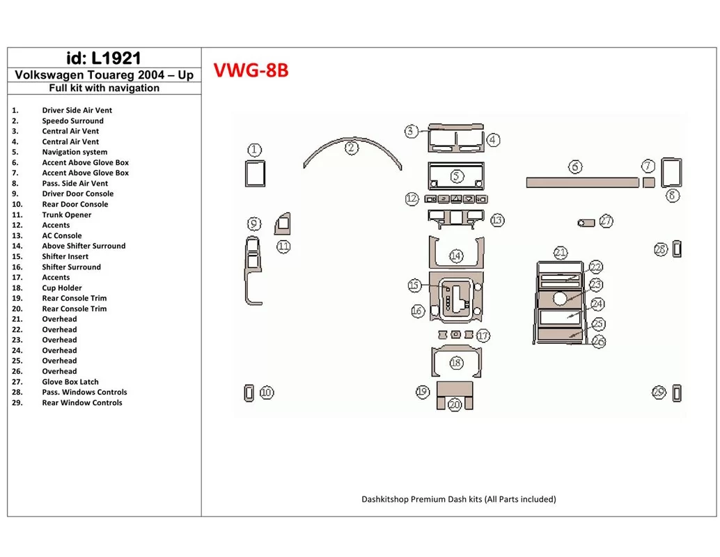 Volkswagen Touareg 2004-UP Volledige set, met NAVI Interieur BD Dash Trim Kit - 1