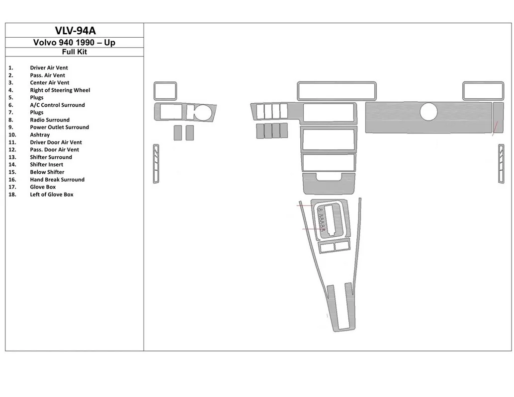 Volvo 940 10.90-04.98 Kit de garniture de tableau de bord intérieur 3D Dash Trim Dekor 18-Parts - 1