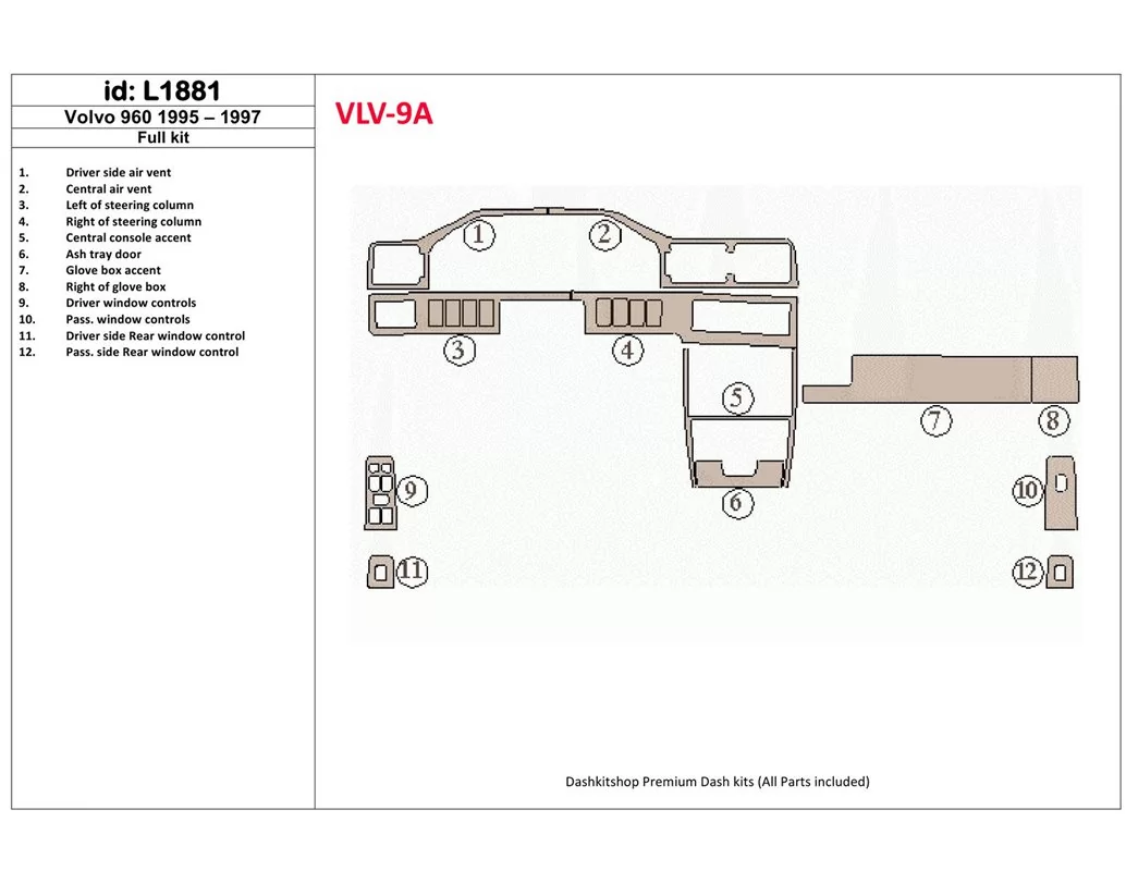 Volvo 960 1995-1997 Kit complet de garnitures de tableau de bord intérieur BD - 1