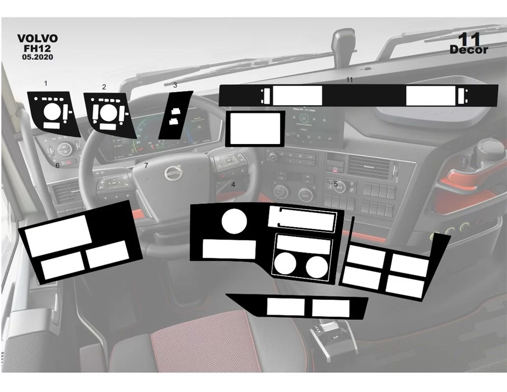 Volvo FH Version 5 ab 2020 Kit de décoration de tableau de bord intérieur 3D Dash Trim Dekor 11-Parts - 1