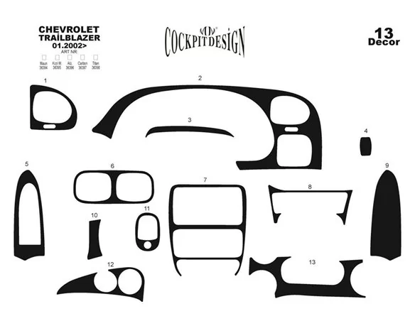 Chevrolet Trailblazer 01.2002 Kit de garniture de tableau de bord intérieur 3D Dash Trim Dekor 13-Parts - 1