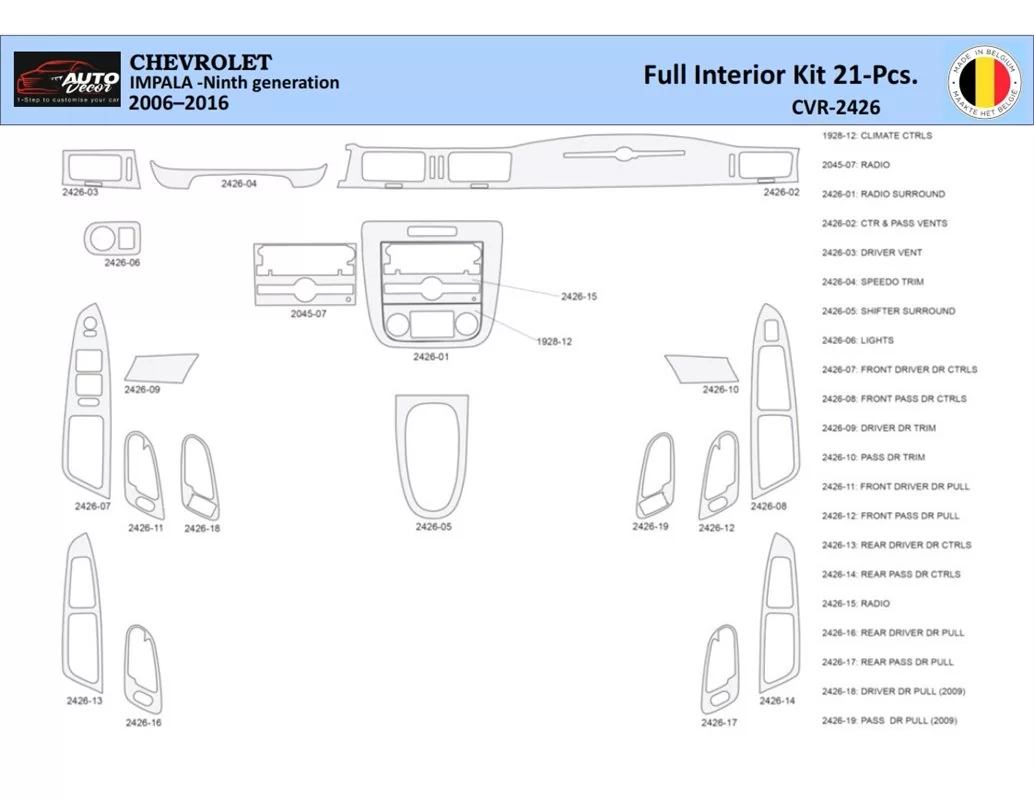 Chevrolet Impala 2006-2015 Intérieur WHZ Kit de garniture de tableau de bord 21 pièces - 1
