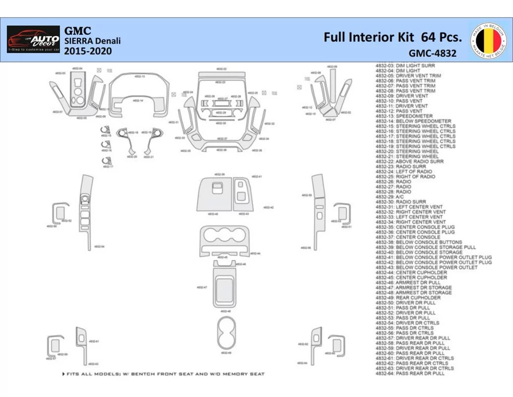 GMC Sierra 2014-2018 Intérieur WHZ Kit de garniture de tableau de bord 64 pièces - 1