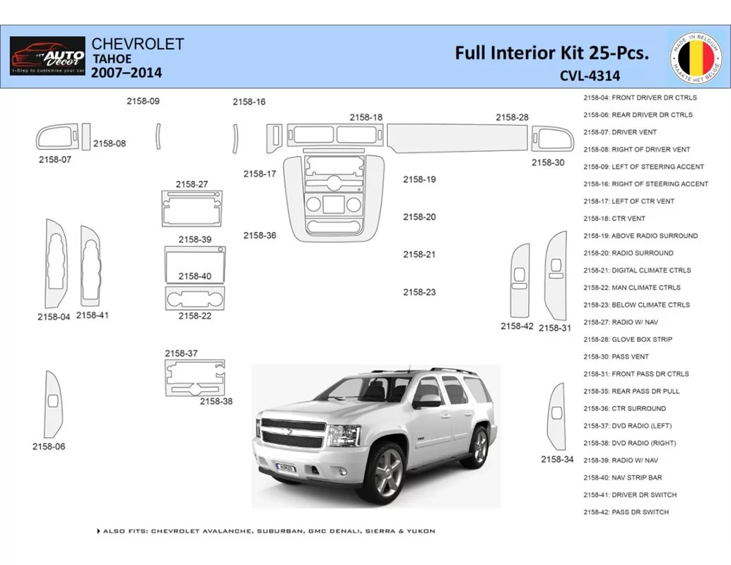 Chevrolet Tahoe 2007-2014 Intérieur WHZ Kit de garniture de tableau de bord 25 pièces - 1