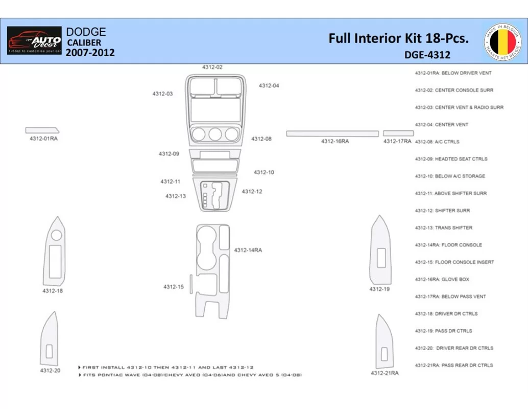Dodge Caliber 2010-2012 Intérieur WHZ Kit de garniture de tableau de bord 18 pièces - 1