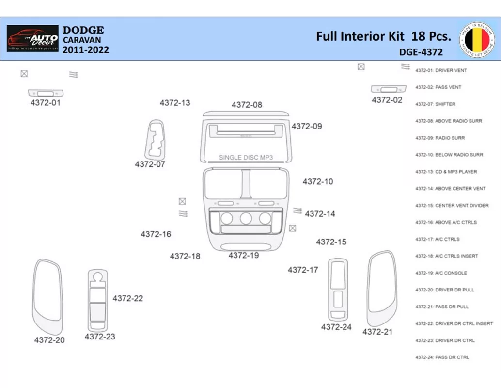 Dodge Caravan 2008-2016 Intérieur WHZ Kit de garniture de tableau de bord 18 pièces - 1