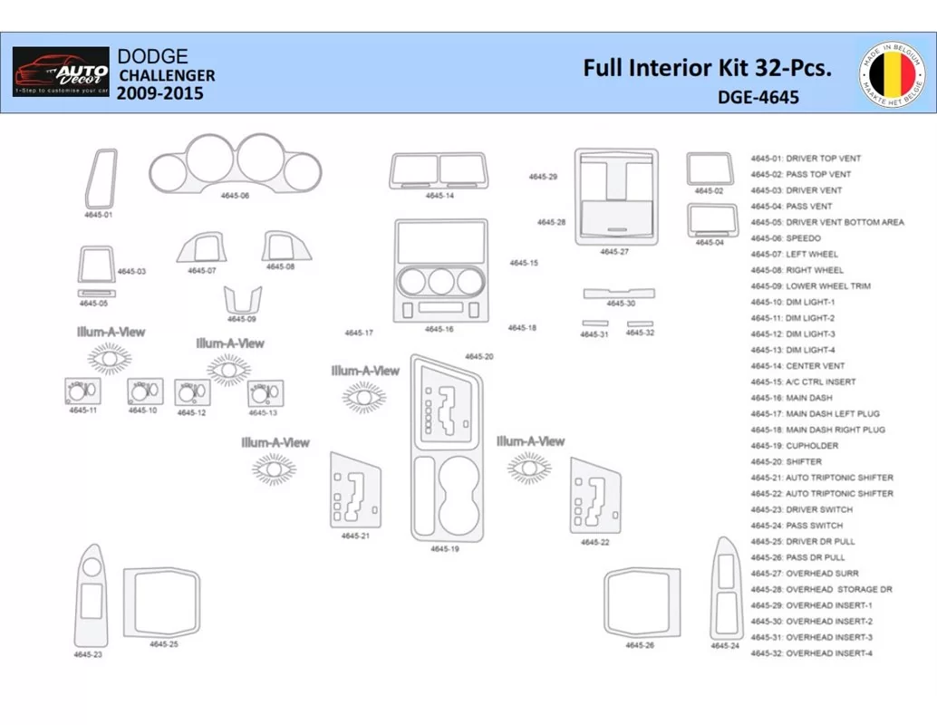 Dodge Challenger 2011-2015 Intérieur WHZ Kit de garniture de tableau de bord 42 pièces - 1