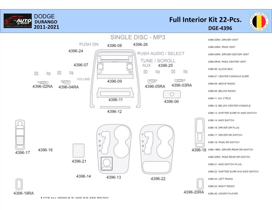 Dodge Durango WD 2011-2022 Intérieur WHZ Kit de garniture de tableau de bord 22 pièces - 1