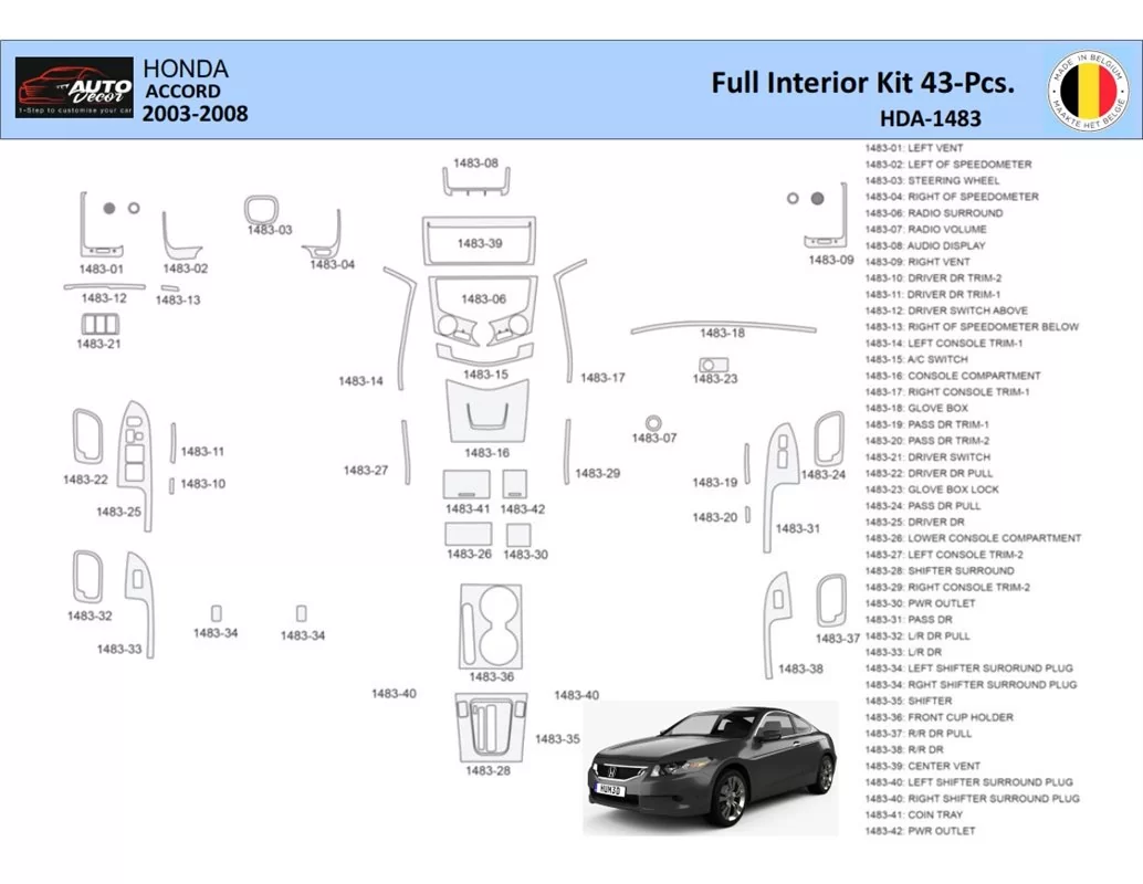 Honda Accord 2003-2007 Intérieur WHZ Kit de garniture de tableau de bord 43 pièces - 1