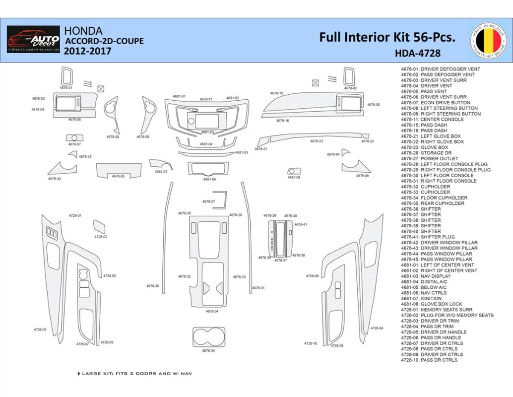 Honda Accord 2014-2022 Intérieur WHZ Kit de garniture de tableau de bord 56 pièces - 1