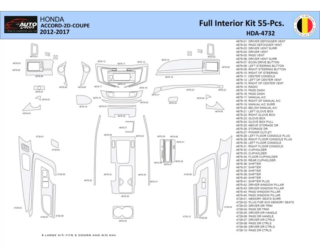 Honda Accord 2014-2022 Intérieur WHZ Kit de garniture de tableau de bord 55 pièces - 1