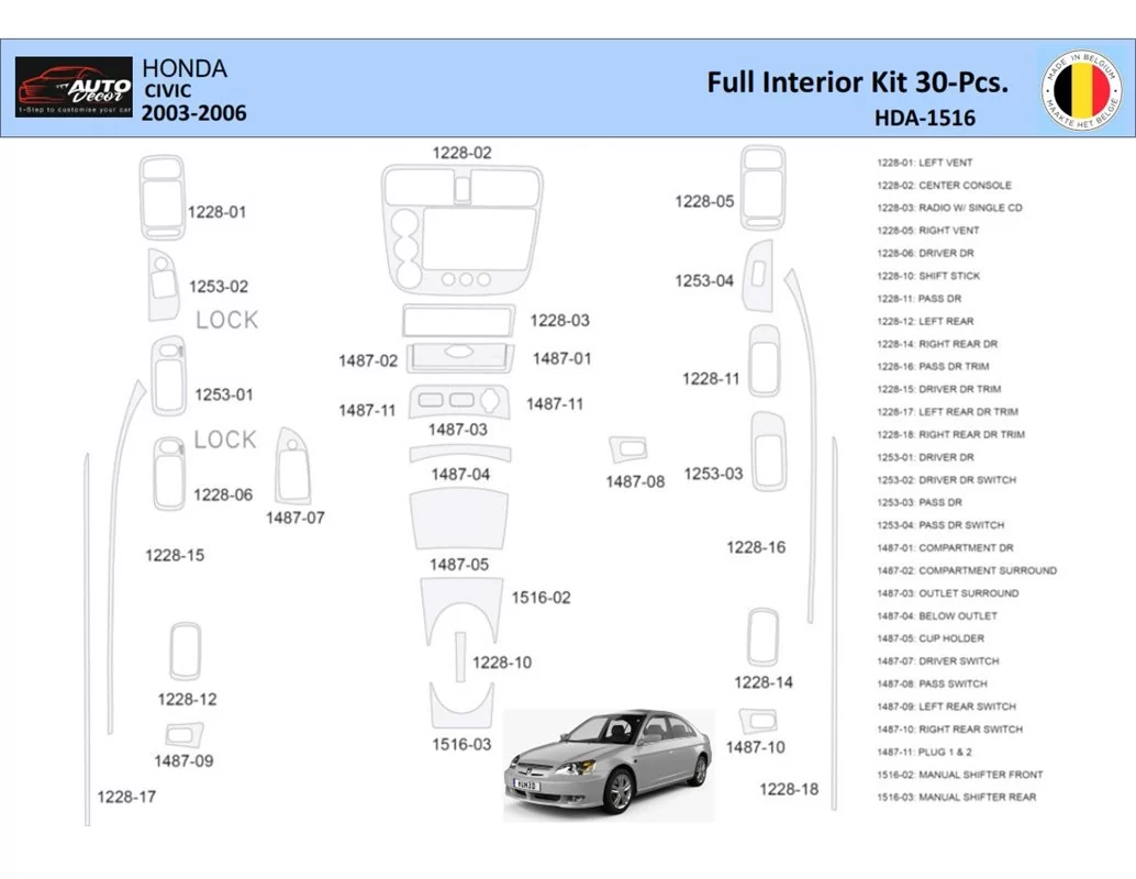 Honda Civic 2002-2005 Interieur WHZ Dashboard trim kit 30 delig - 1