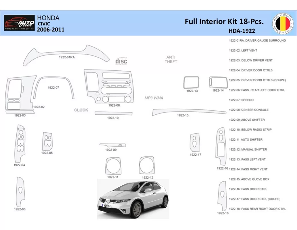 Honda Civic 2006-2011 Intérieur WHZ Kit de garniture de tableau de bord 18 pièces - 1