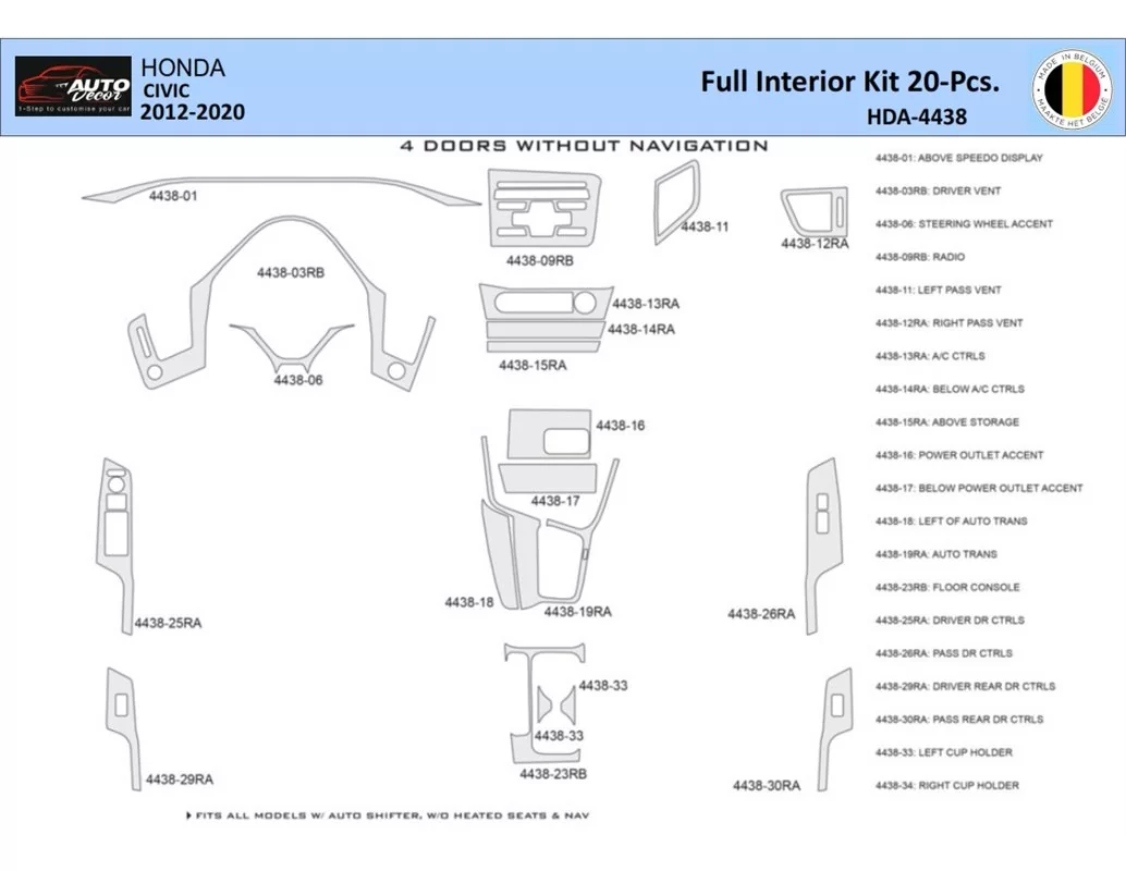 Honda Civic X 2012-2015 Interieur WHZ Dashboard sierset 20 delig - 1