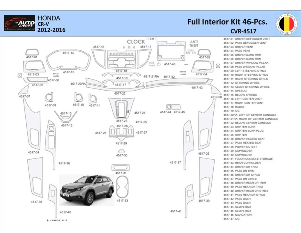 Honda CR-V 2012-2016 Intérieur WHZ Kit de garniture de tableau de bord 46 pièces - 1