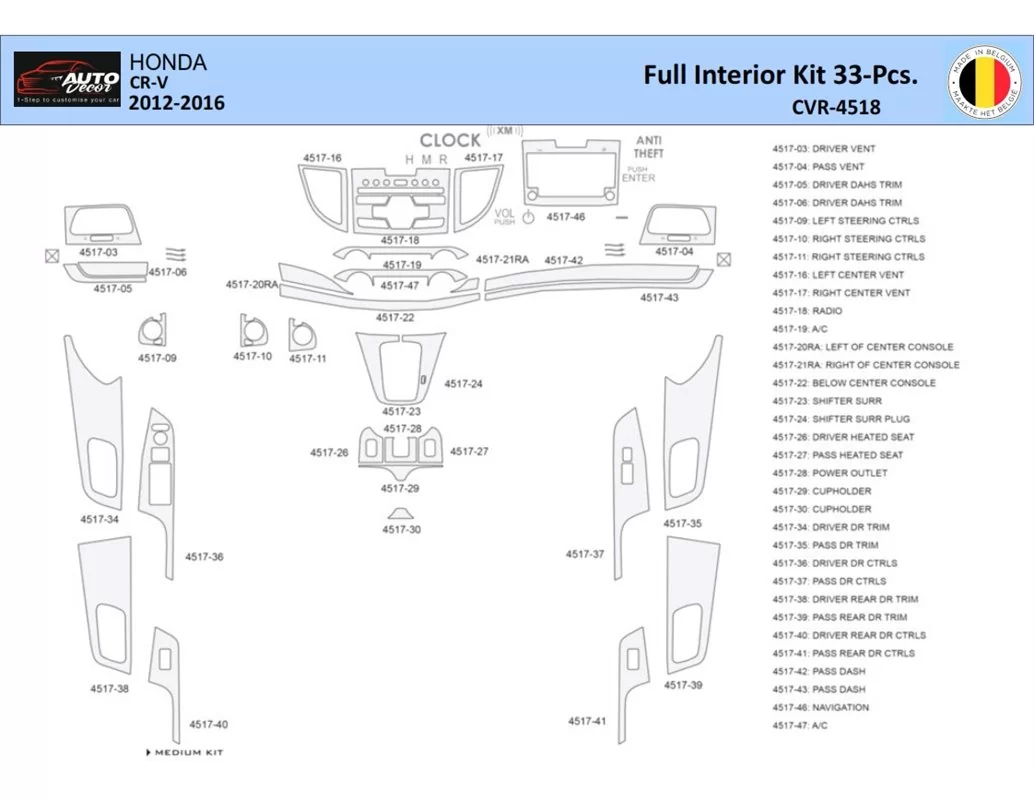 Honda CR-V 2012-2016 Intérieur WHZ Kit garniture de tableau de bord 33 Pièces - 1