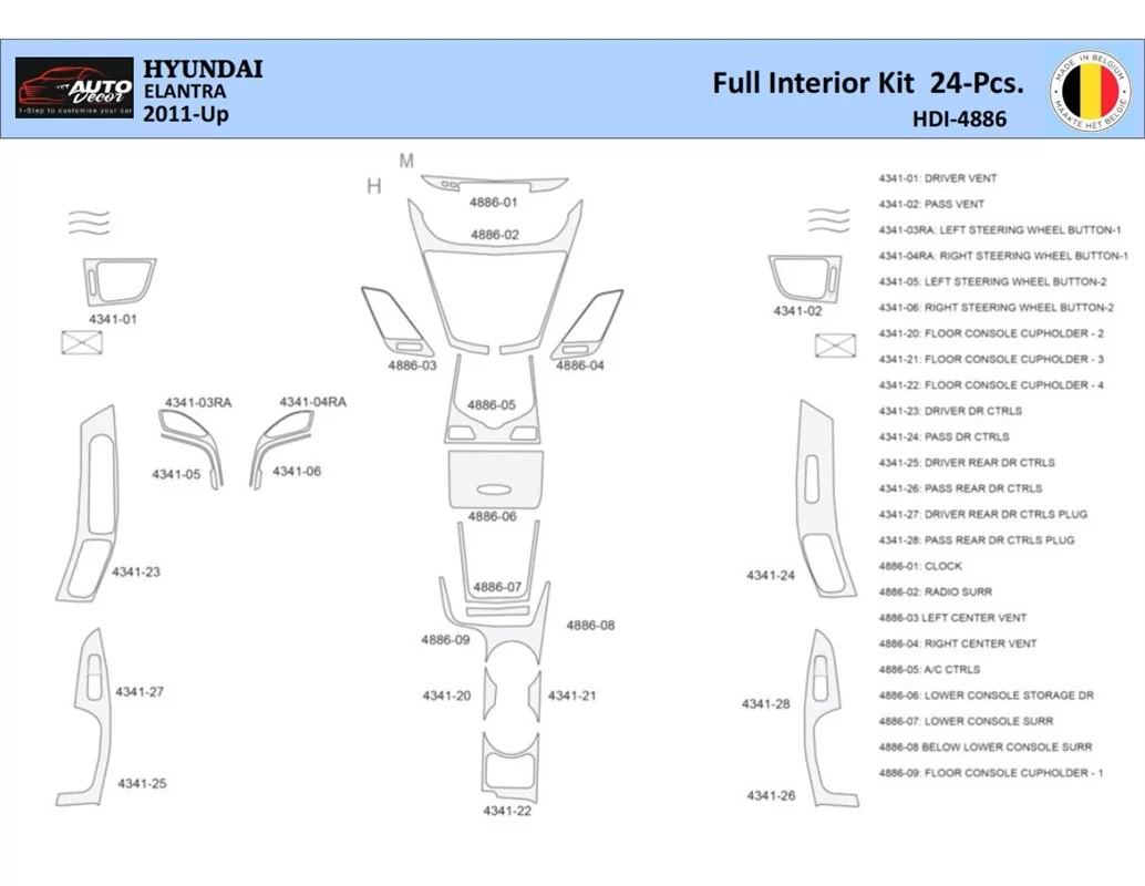 Hyundai Elantra 2010-2015 Intérieur WHZ Kit de garniture de tableau de bord 24 pièces - 1