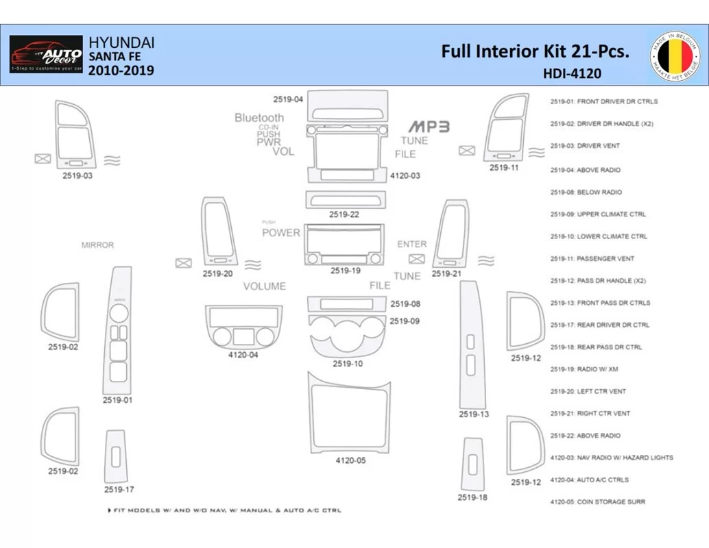 Hyundai Santa Fe 2010-2012 Intérieur WHZ Kit de garniture de tableau de bord 21 pièces - 1