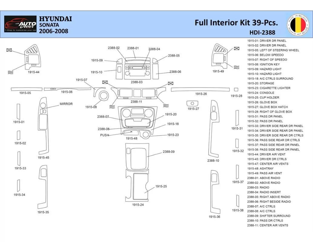 Hyundai Sonata 2006-2008 Intérieur WHZ Kit de garniture de tableau de bord 39 pièces - 1