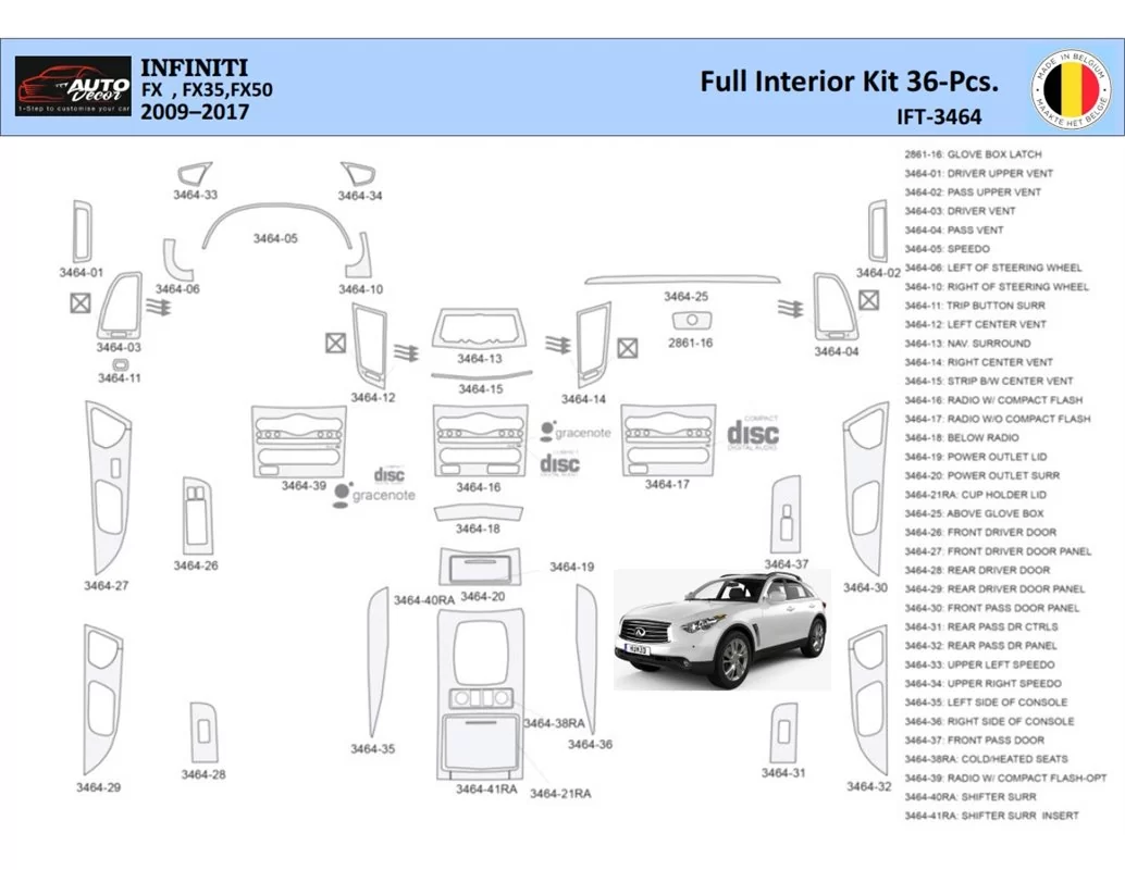 Infiniti FX S51 2009-2017 Interieur WHZ Dashboard trim kit 36 Onderdelen - 1