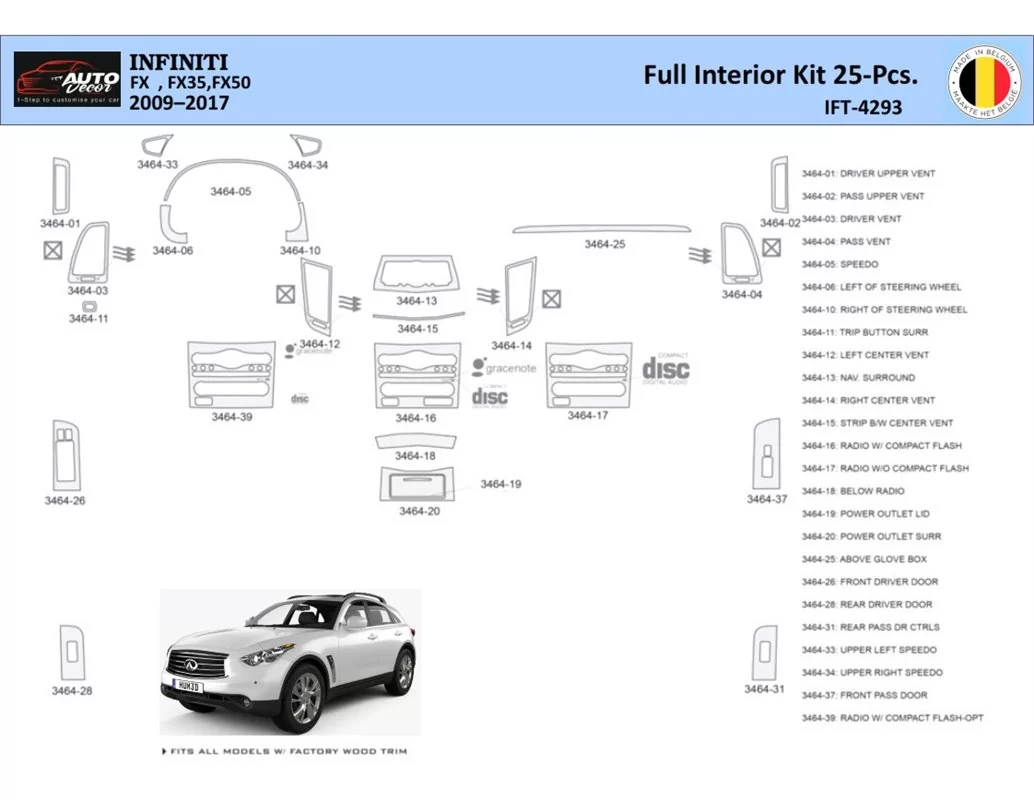 Infiniti FX S51 2009-2017 Interieur WHZ Dashboard trim kit 25 Delig - 1