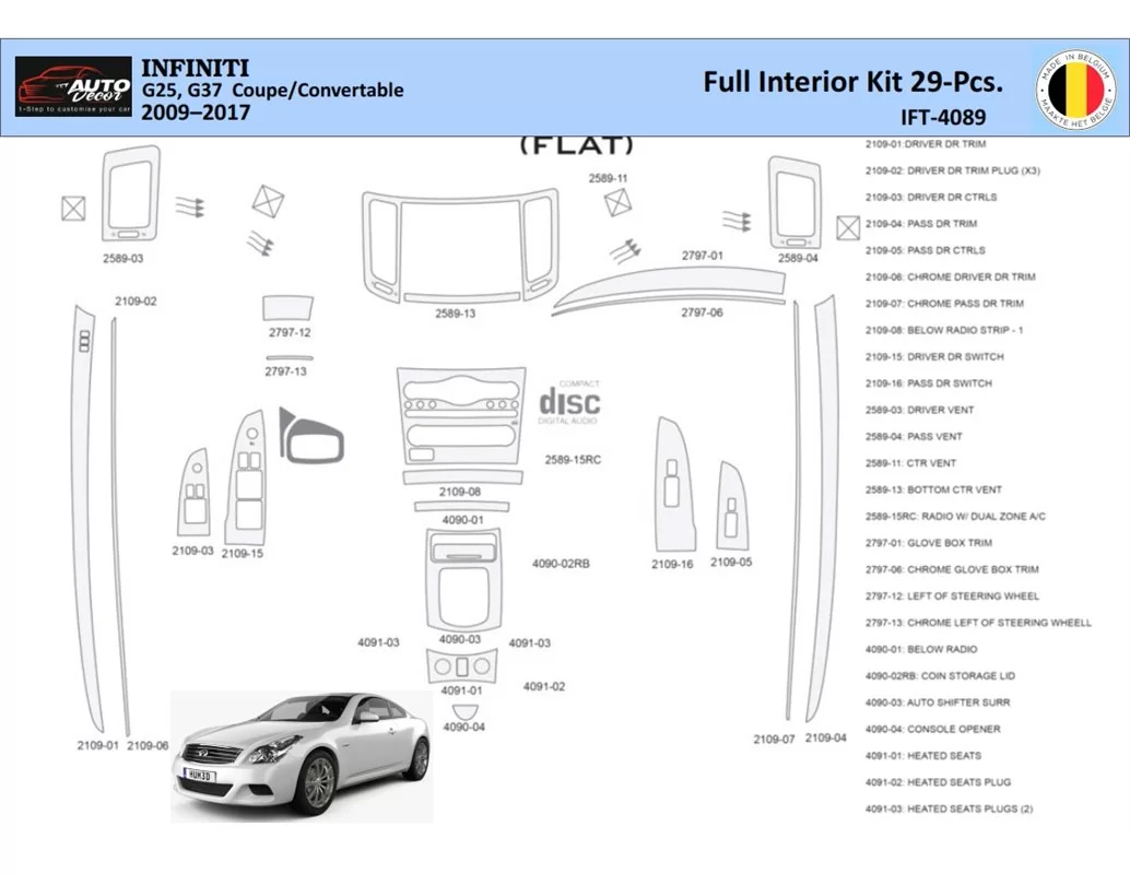 Infiniti G25 2009–2015 Cabrio Interieur WHZ Dashboard trim kit 29 Onderdelen - 1