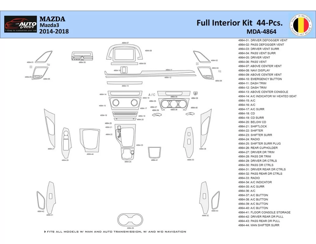 Mazda 3 2014-2018 Intérieur WHZ Kit de garniture de tableau de bord 44 pièces - 1