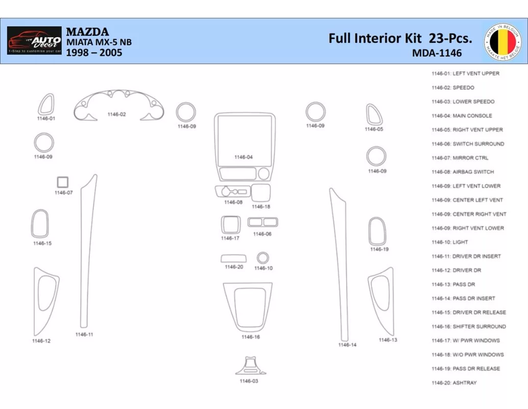 Mazda MX5 2000 Intérieur WHZ Kit de garniture de tableau de bord 23 pièces - 1