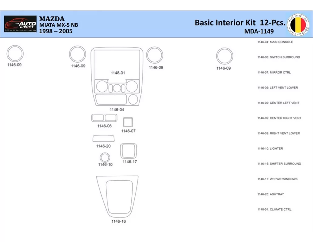 Mazda MX5 2000 Intérieur WHZ Kit de garniture de tableau de bord 12 pièces - 1