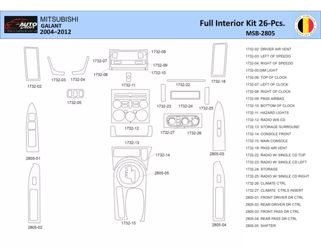 Mitsubishi Galant 2004-2012 Intérieur WHZ Kit de garniture de tableau de bord 26 pièces - 1