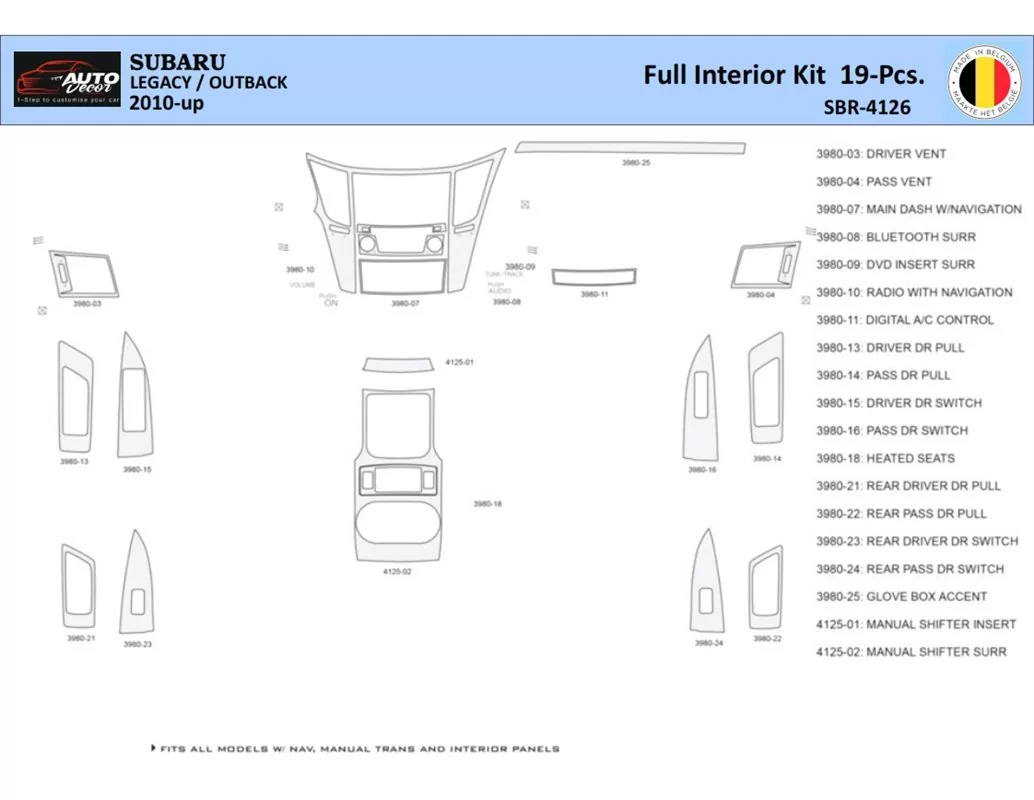 Subaru Legacy-Outback 2010 Intérieur WHZ Kit de garniture de tableau de bord 19 pièces - 1