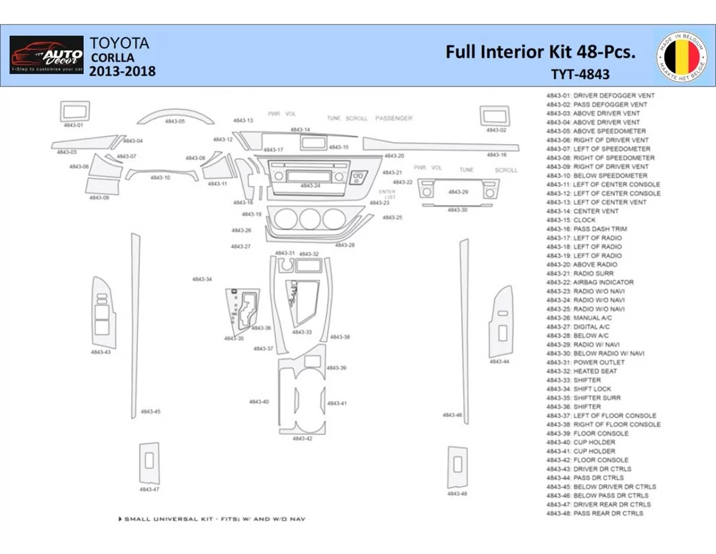 Toyota Corolla 2013-2018 Intérieur WHZ Kit de garniture de tableau de bord 48 pièces - 1
