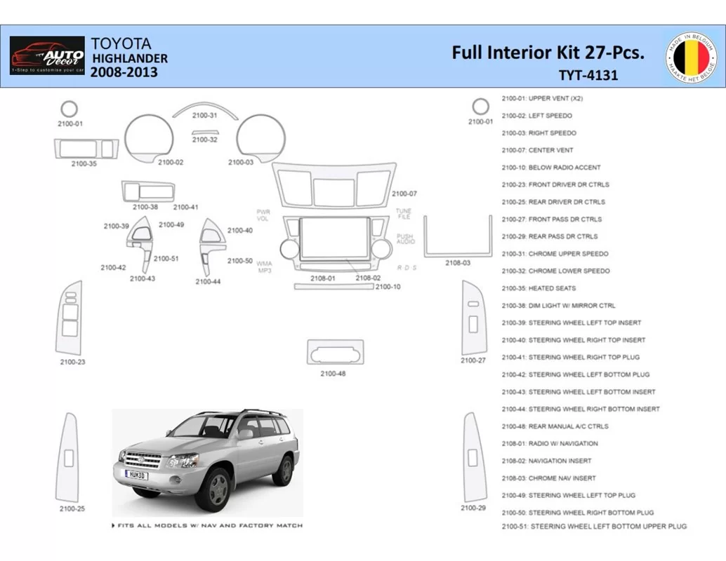 Toyota Highlander 2008-2013 Interieur WHZ Dashboard trim kit 27 delig - 1