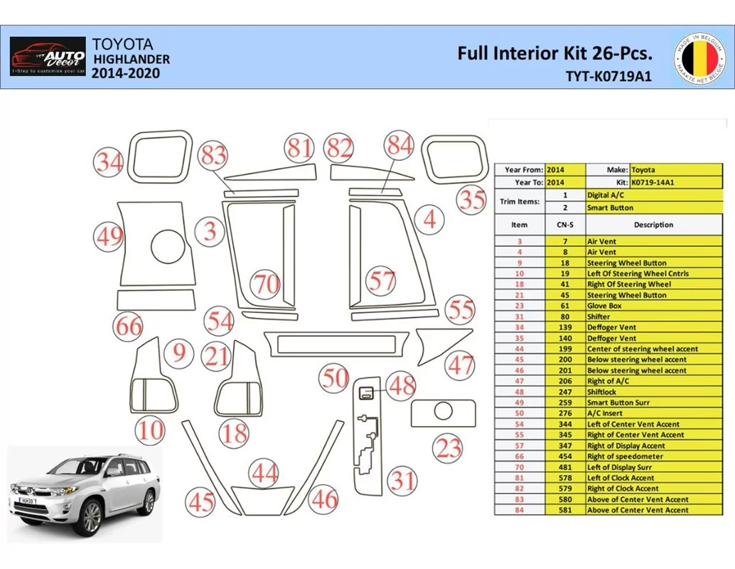 Toyota Highlander 2013-2016 Interieur WHZ Dashboard trim kit 26 delig - 1