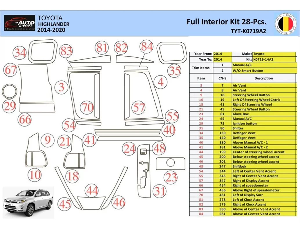 Toyota Highlander 2013-2016 Interieur WHZ Dashboard trim kit 28 Delig - 1