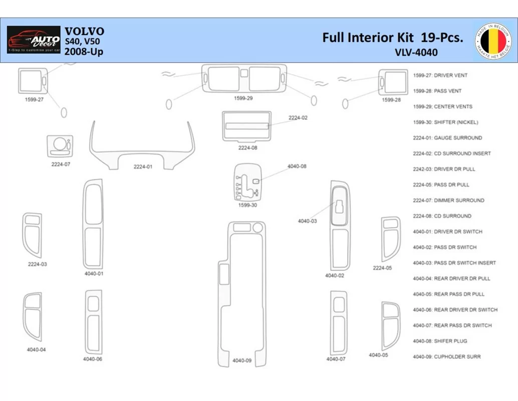 Volvo S40-V50 2004-2012 Intérieur WHZ Kit de garniture de tableau de bord 19 pièces - 1