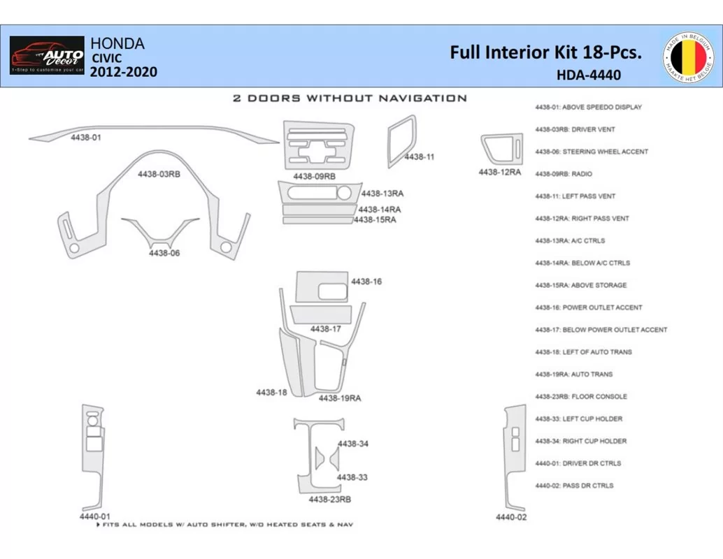 Honda Civic X 2012-2015 Intérieur WHZ Kit de garniture de tableau de bord 20 pièces - 1