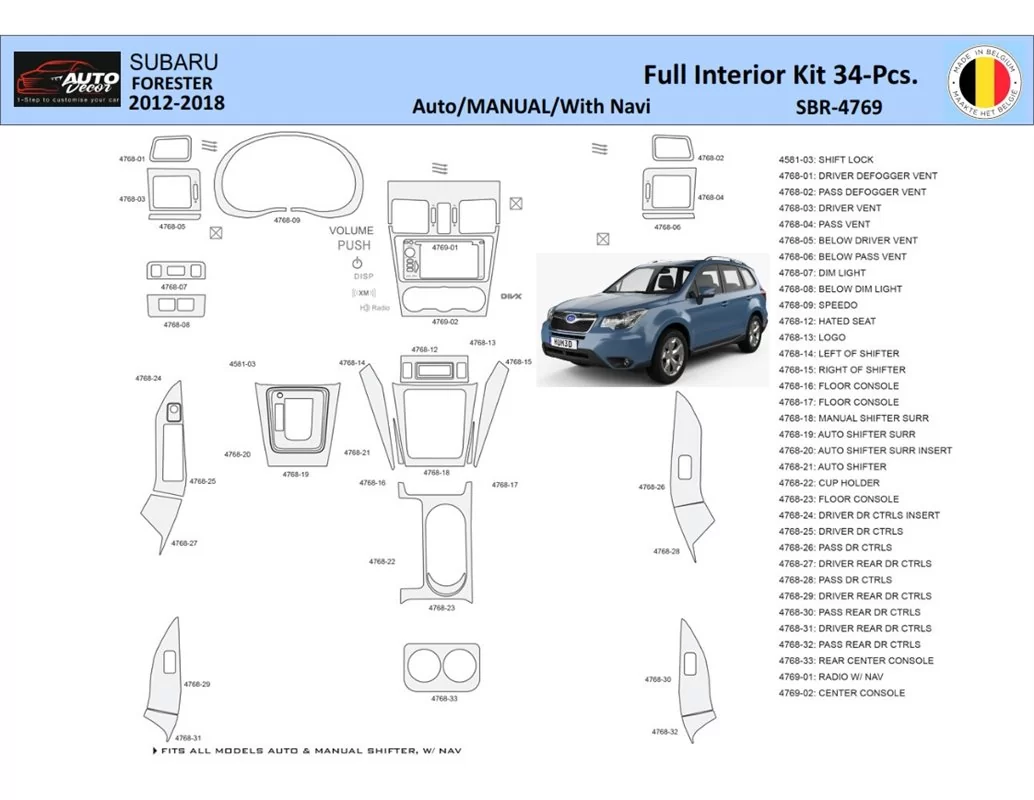 Subaru Forester 2012-2018 Intérieur WHZ Kit de garniture de tableau de bord 34 pièces - 1