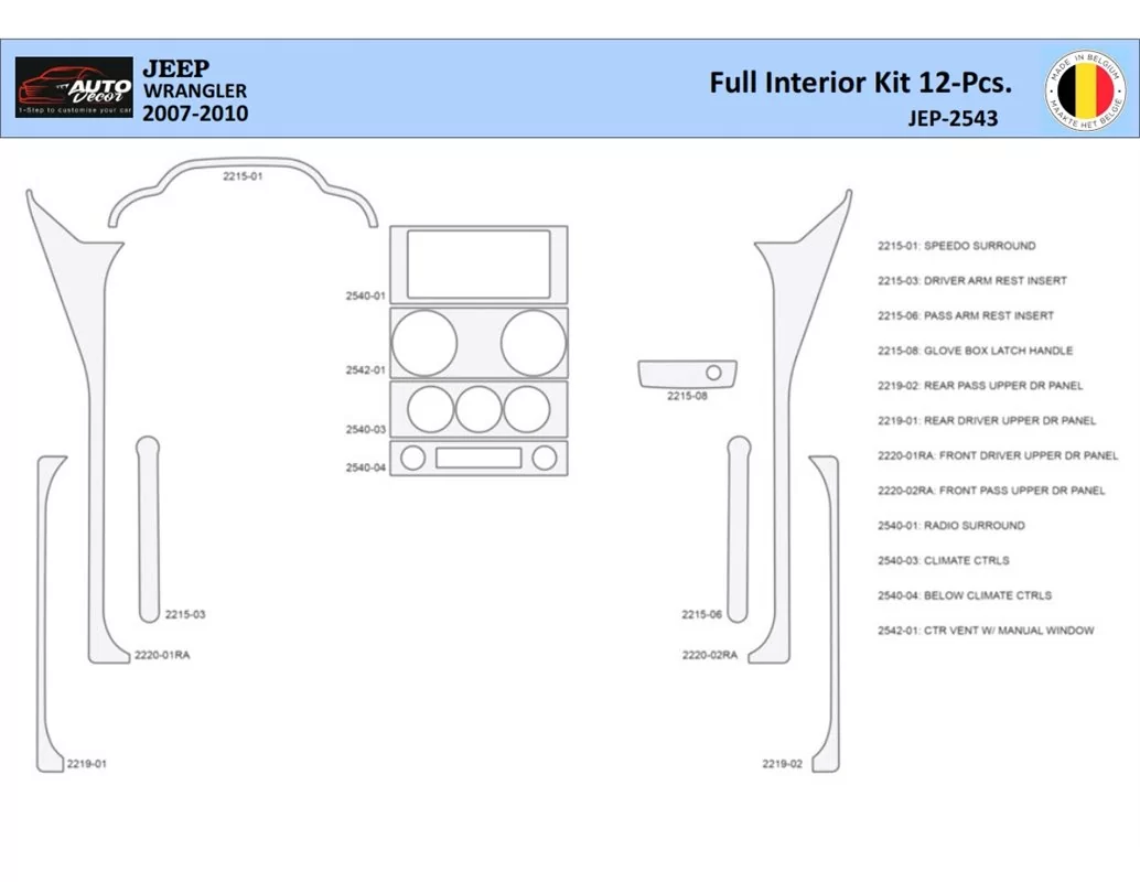 Jeep Wrangler 2007-2010 Intérieur WHZ Kit de garniture de tableau de bord 12 pièces - 1