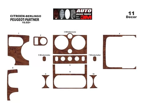 Citroen Berlingo 10.02-07.08 Kit de garnitures de tableau de bord intérieur 3D Dash Trim Dekor 11-Parts