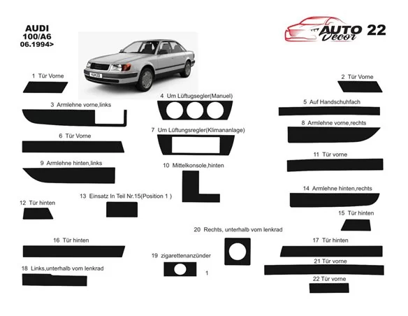 Audi 100 A6 10.90-03.97 Kit de garnitures de tableau de bord intérieur 3D Dash Trim Dekor 22-Parts