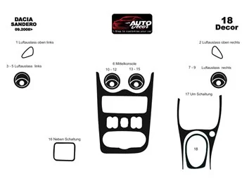 Dacia Sandero-Logan 07.08-12.09 Kit de garniture de tableau de bord intérieur 3D Dash Trim Dekor 18-Parts